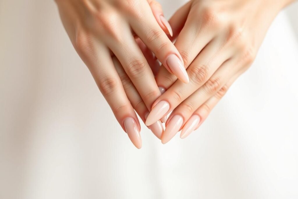 Fair hands with pink-toned nude acrylic nails