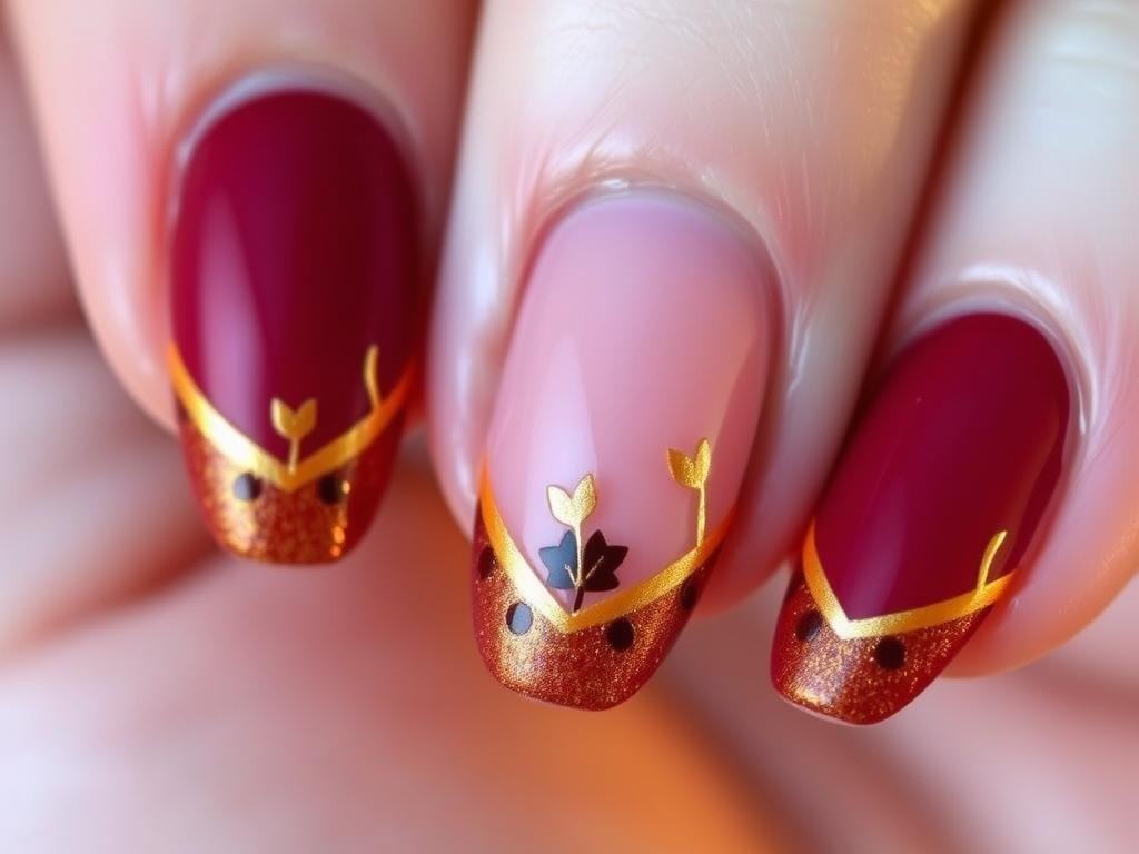 Fall french tip acrylic nails with design featuring autumn colors