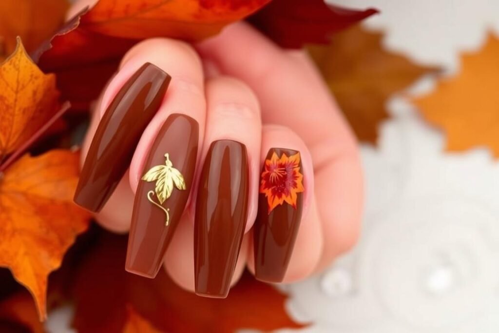 Fall-inspired brown acrylic nails with leaf designs