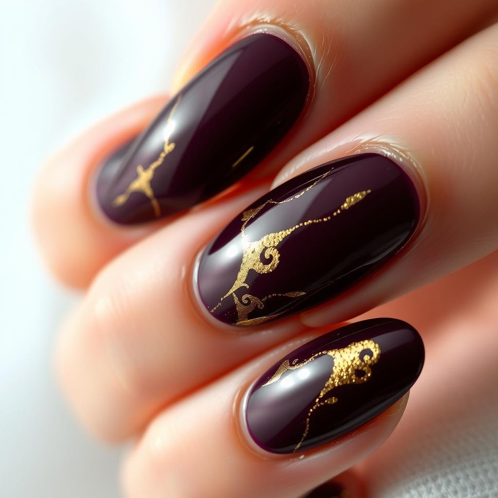 Fall purple acrylic nails with gold leaf accents