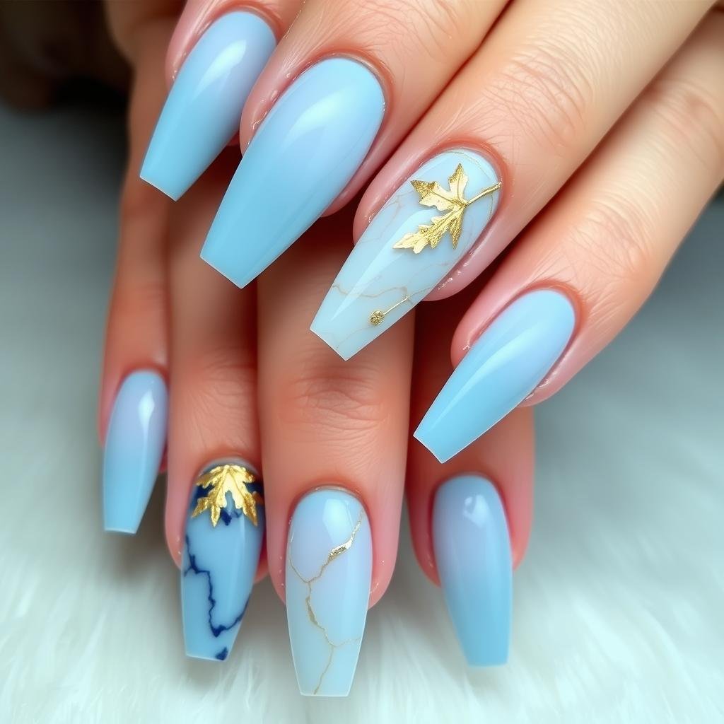 Fall-themed baby blue nails with gold accents