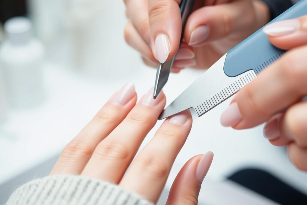Filing and shaping acrylic nails to achieve natural look