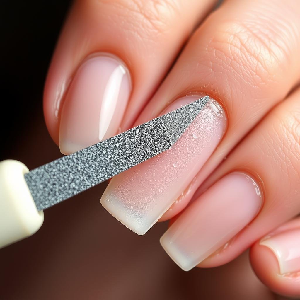 Filing down the top layer of acrylic nails before removal Filing down the top layer of acrylic nails before removal