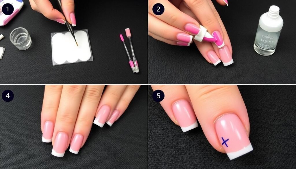 Finishing process for short square acrylic nails including polish application and nail art