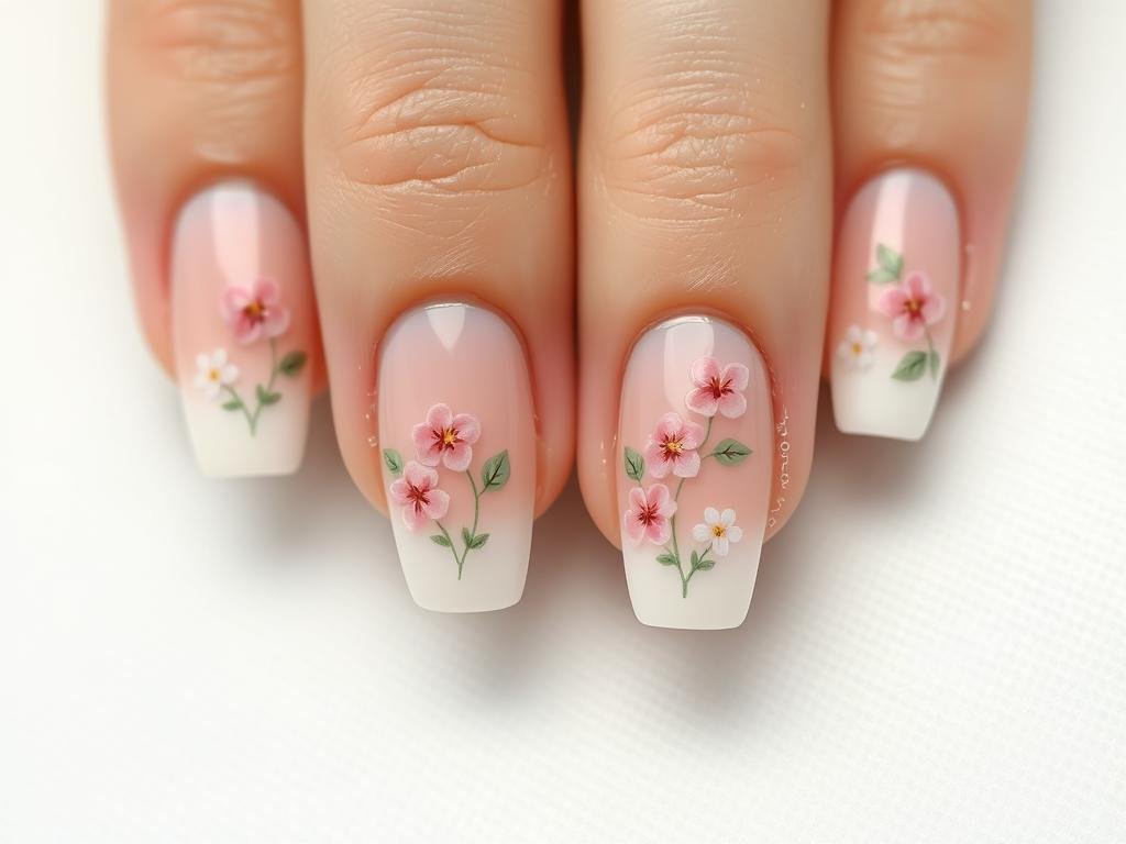 Floral french tip acrylic nails with design featuring tiny flowers