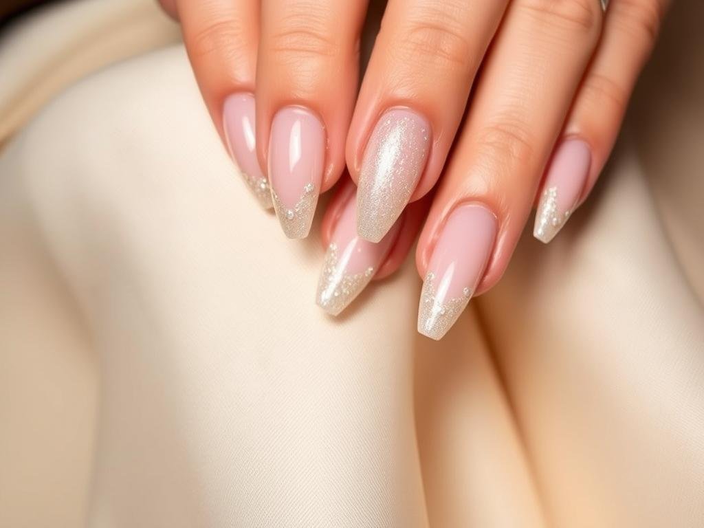 Formal event classy acrylic nails with subtle shimmer and pearl accents