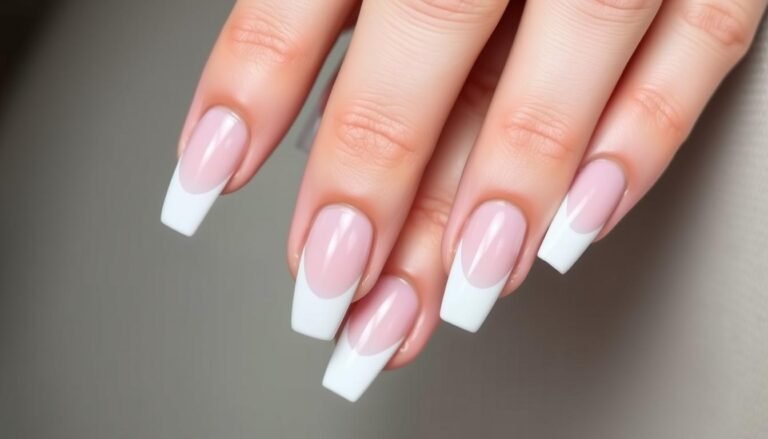 French tip acrylic nails coffin shape with classic white tips on long nails