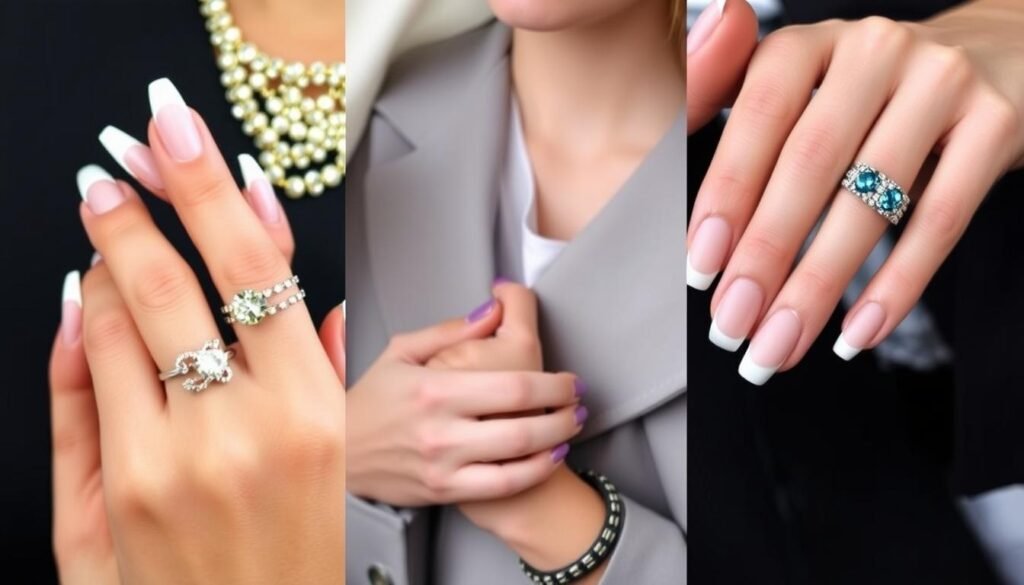 French tip acrylic nails coffin styled for different occasions with matching accessories