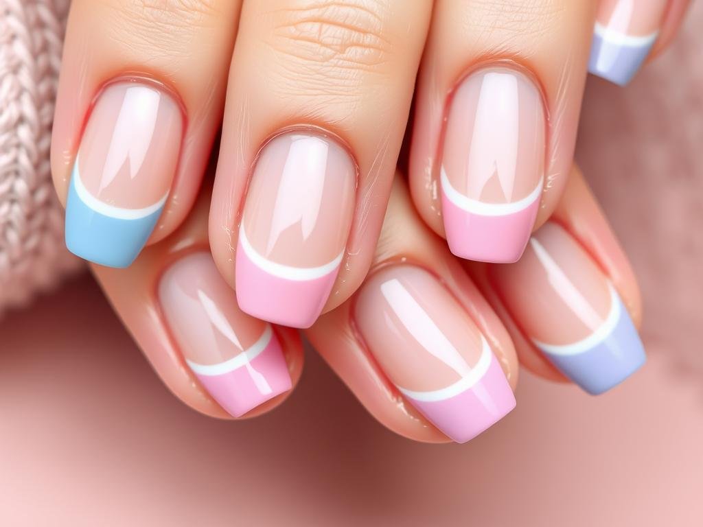 French tip acrylic nails with colorful tips in pastel blue, pink, and lavender