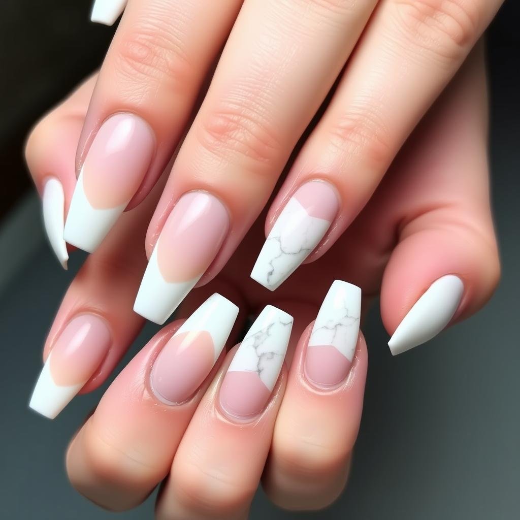 French tip acrylic nails with marble accent nail