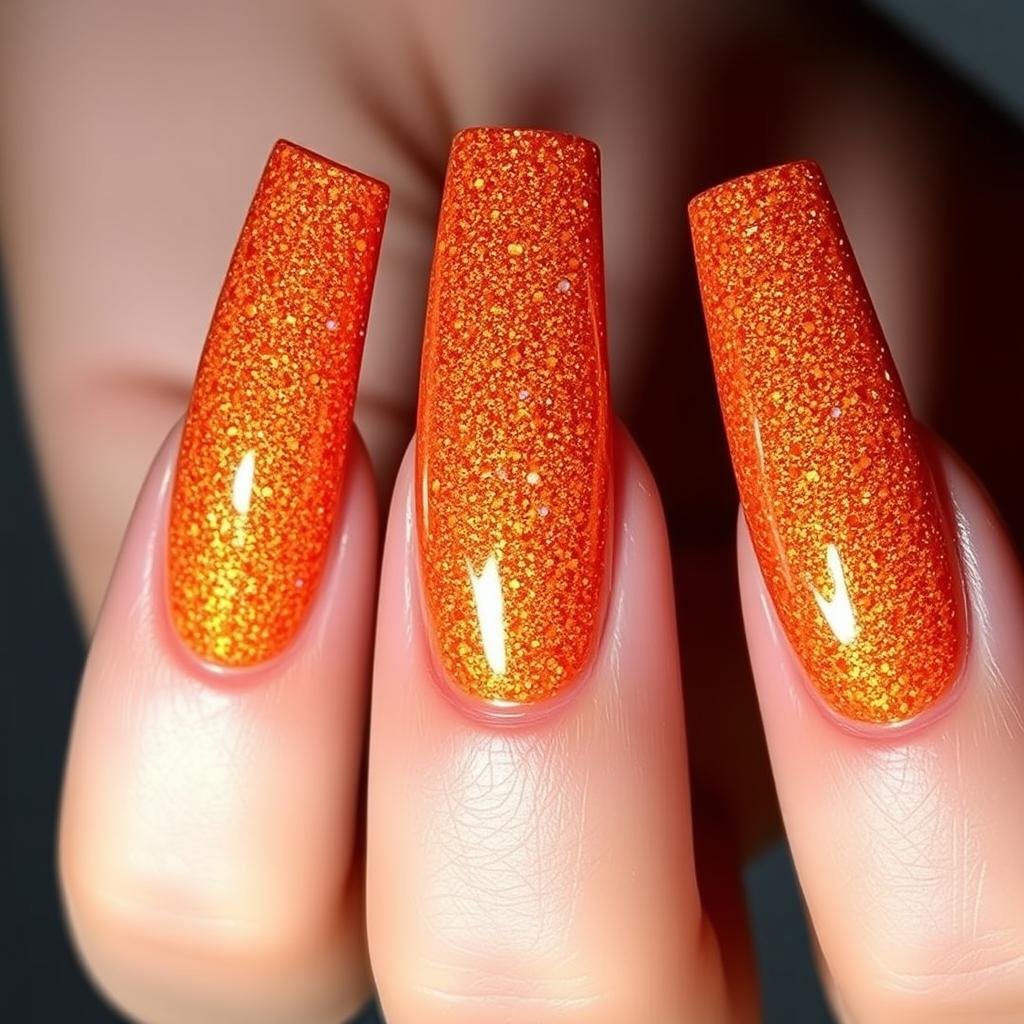 Full coverage orange glitter acrylic nails