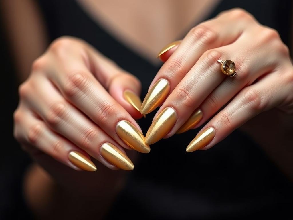 Full gold acrylic nails with glossy finish