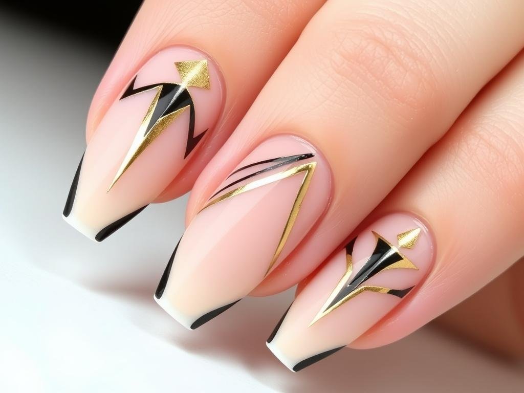 Geometric french tip acrylic nails with design featuring angular patterns