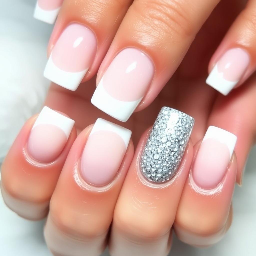 Glitter accent square French tip acrylic nails