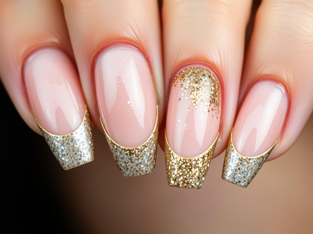 Glitter french tip acrylic nails with design showing sparkly tips