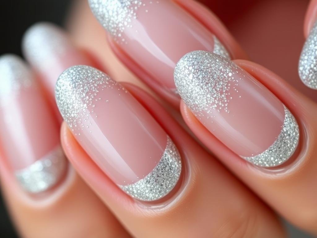 Glitter french tip almond acrylic nails with sparkly silver tips
