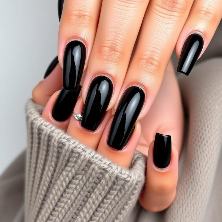 Glossy black square acrylic nails with perfect finish