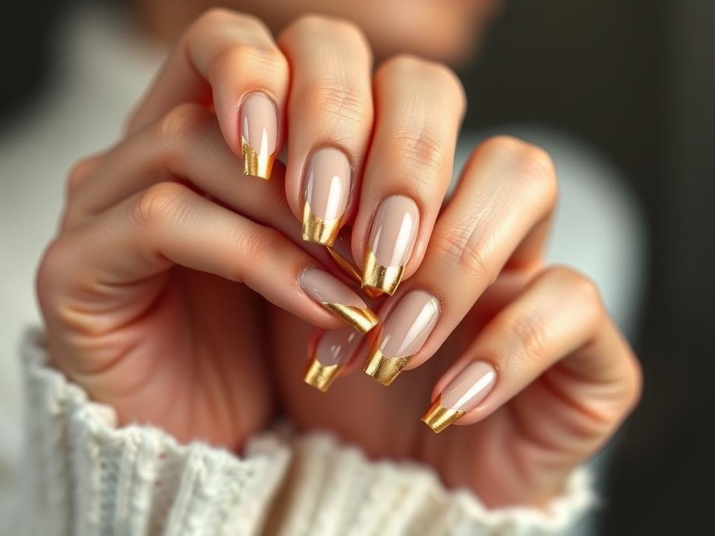 Gold French tip acrylic nails on nude base
