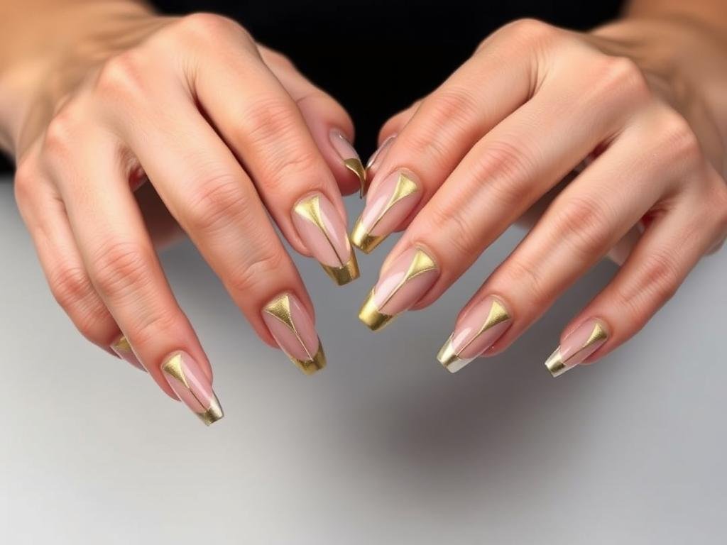 Gold acrylic nails with negative space geometric designs