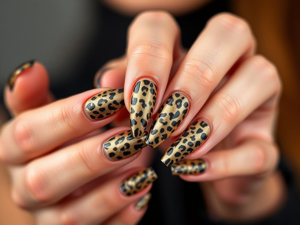 Gold and black animal print acrylic nails