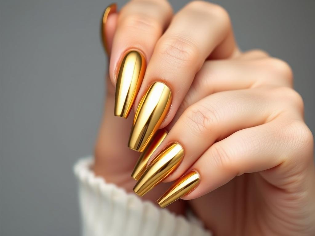 Gold chrome mirror finish acrylic nails