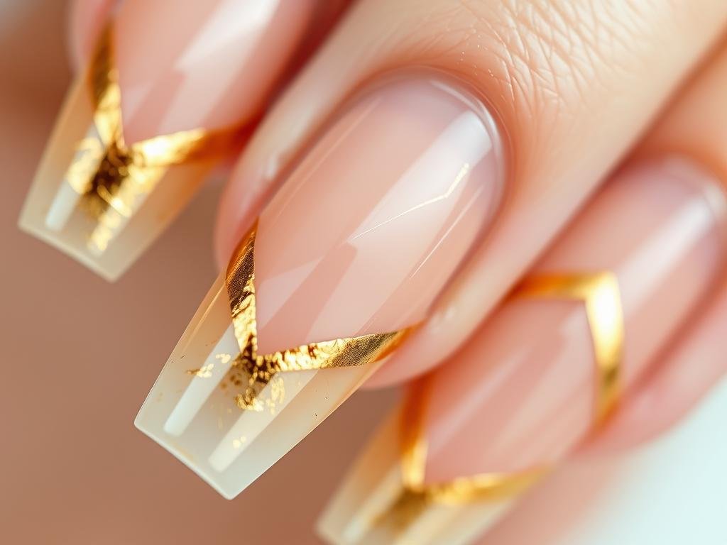 Gold foil french tip acrylic nails with design