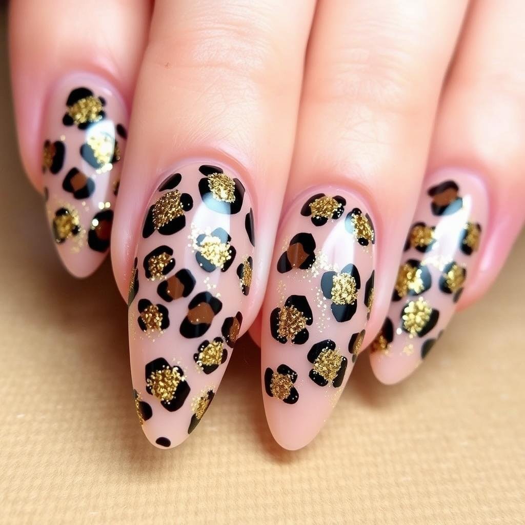 Gold glitter leopard print acrylic nails