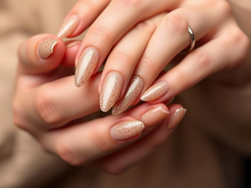 Gold glitter ombré acrylic nails transitioning from nude to gold