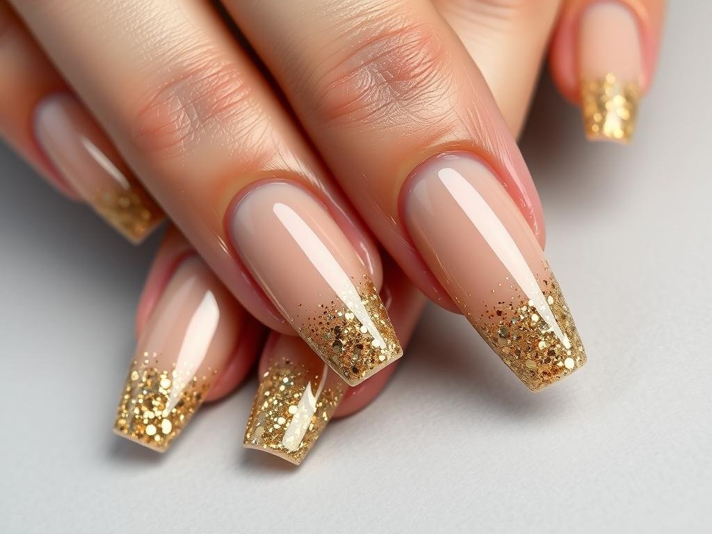 Gold glitter ombré graduation acrylic nails on neutral base