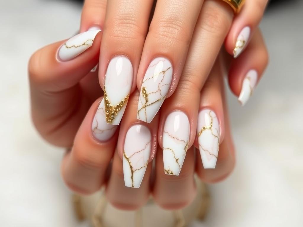 Gold marble effect acrylic nails with white swirls
