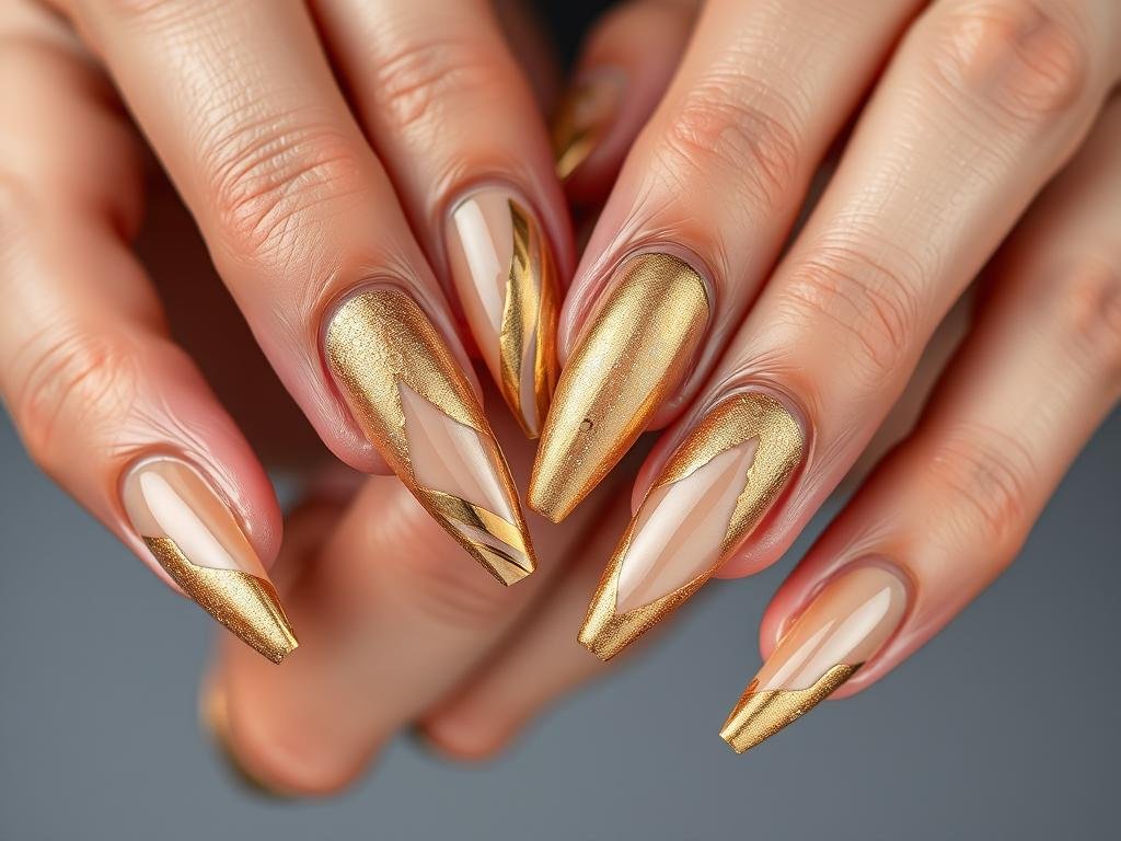 Gold textured acrylic nails with 3D effect