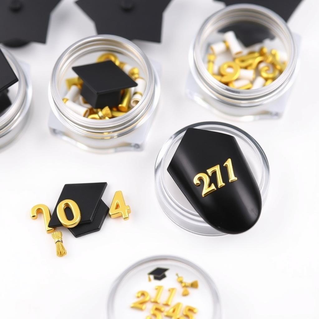 Graduation-themed nail art supplies including decals and embellishments