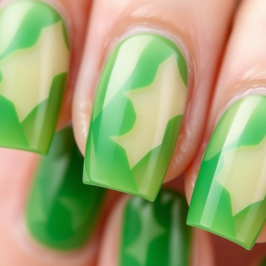 Green acrylic nails with negative space geometric designs