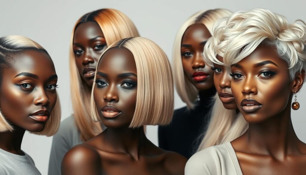 Group of Black women wearing different blonde wig styles showing versatility