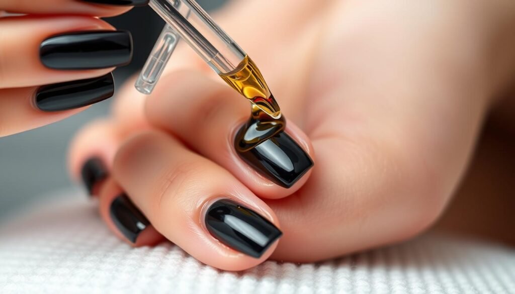 Hand applying cuticle oil to black acrylic nails