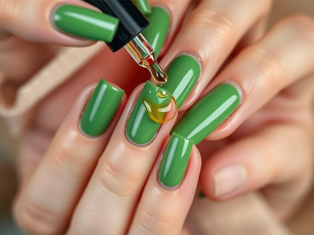 Hand applying cuticle oil to maintain green acrylic nails