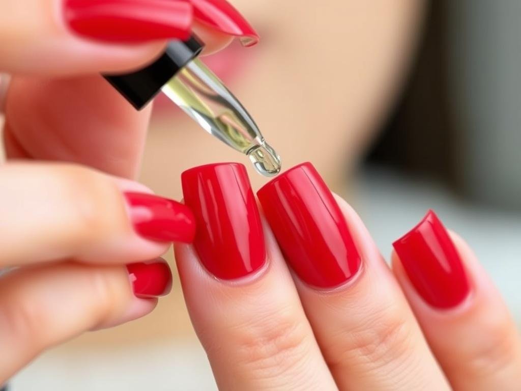 Hand applying cuticle oil to maintain rounded square acrylic nails