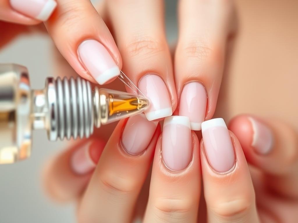 Hand applying cuticle oil to maintain short square acrylic nails with French tips