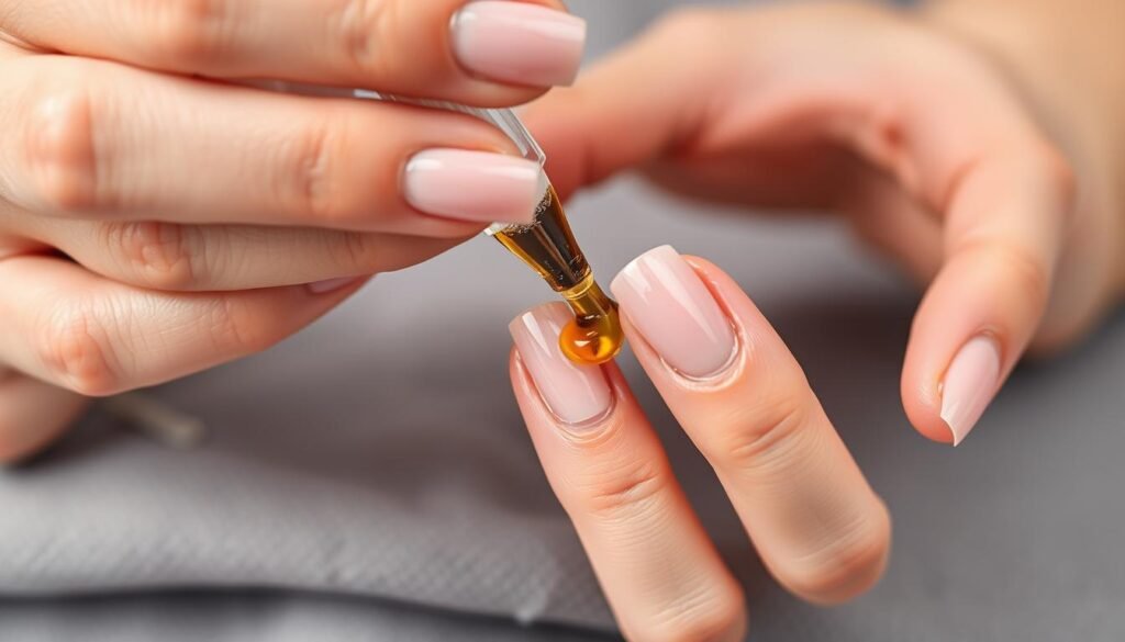 Hands applying cuticle oil to cute square acrylic nails showing proper maintenance technique