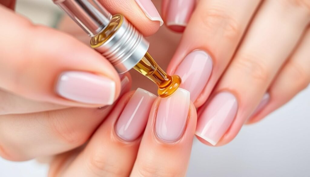 Hands applying cuticle oil to short square acrylic nails