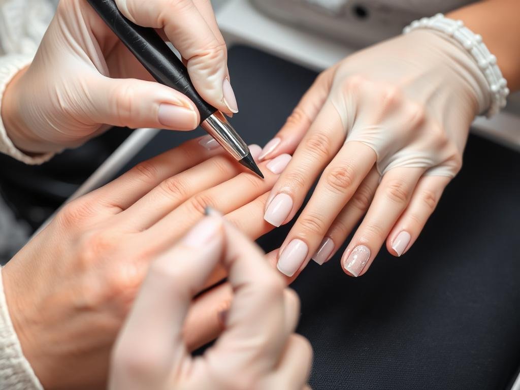 Hands being prepared for acrylic nail application with cuticle care