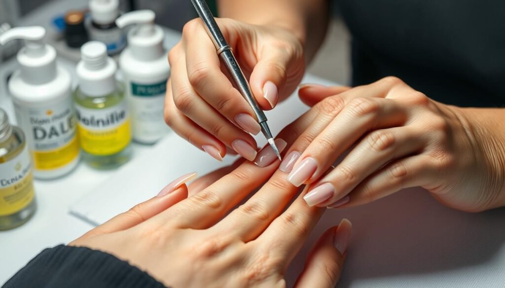 Hands caring for square acrylic nails with maintenance products