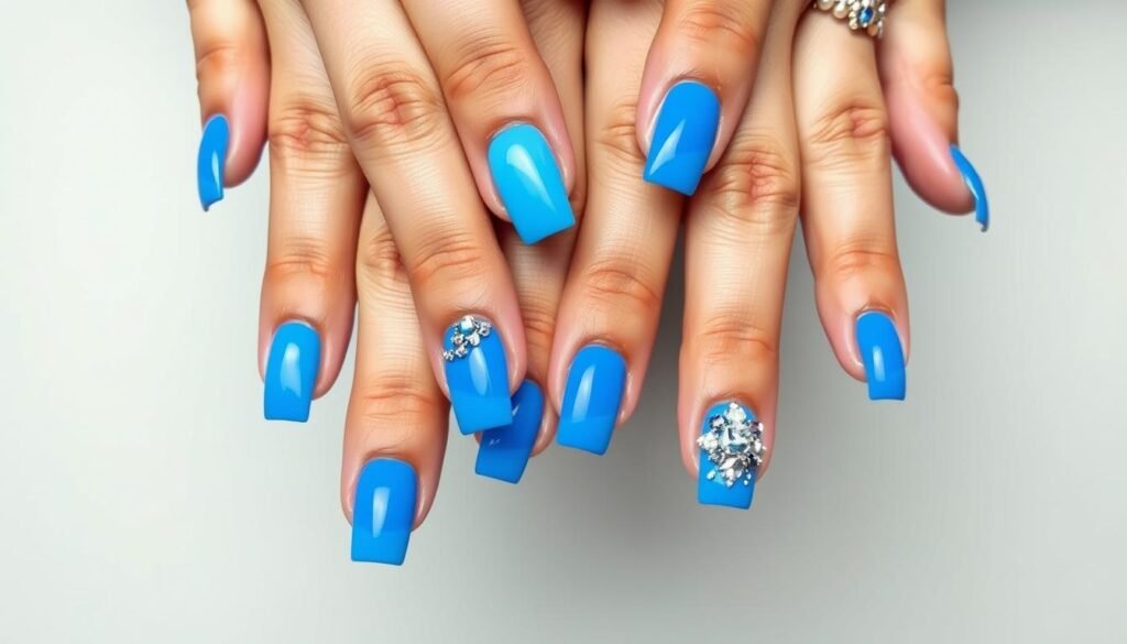 Hands with beautiful blue square acrylic nails in various designs