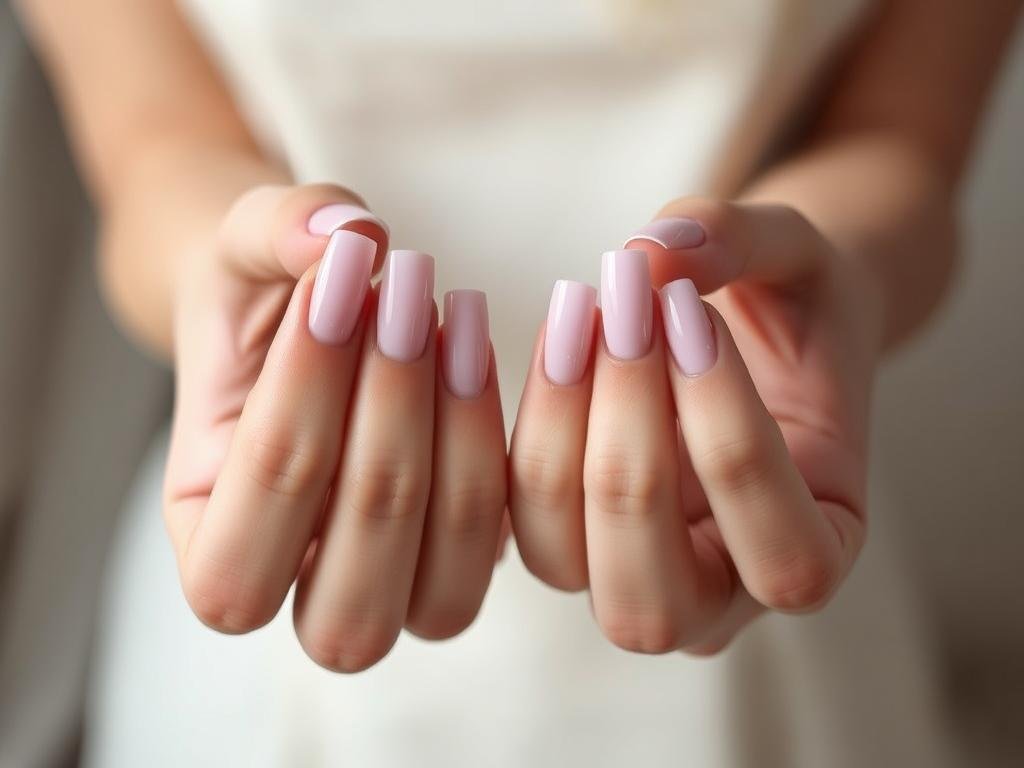 Hands with beautifully designed cute square acrylic nails in pastel colors with minimal art