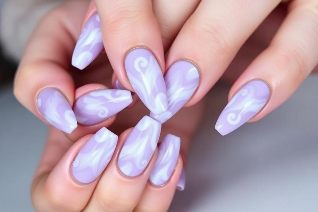 Hands with dreamy lavender cloud effect acrylic nails