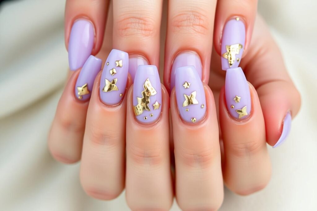 Hands with lavender acrylic nails adorned with gold foil accents