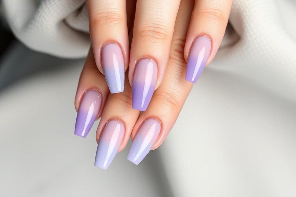 Hands with lavender ombré acrylic nails transitioning from light to dark purple