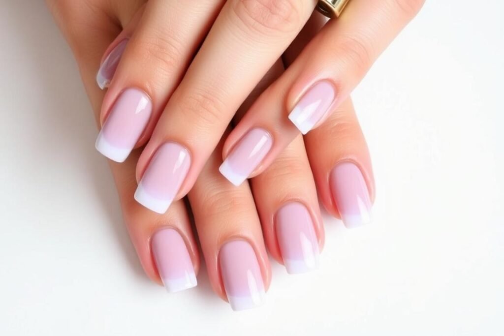 Hands with nude base nails featuring lavender French tips