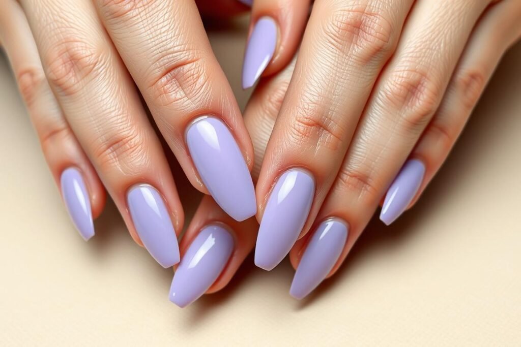 Hands with solid lavender acrylic nails in almond shape