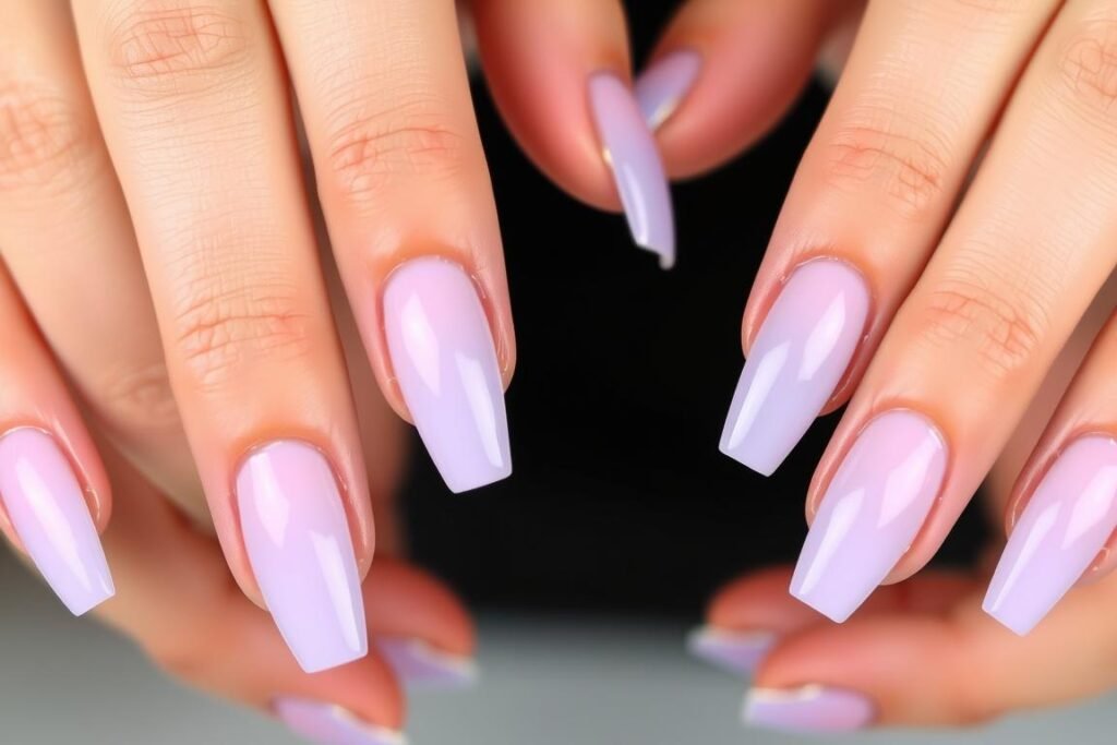 Hands with translucent lavender jelly acrylic nails